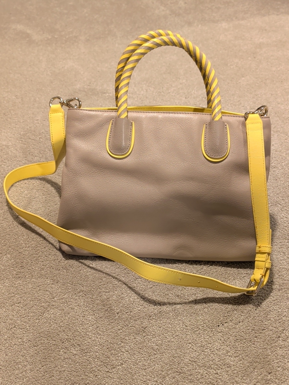 Kate Spade Leather Woods Drive Harris Satchel Taupe Yellow Twist Handles - Picture 3 of 5